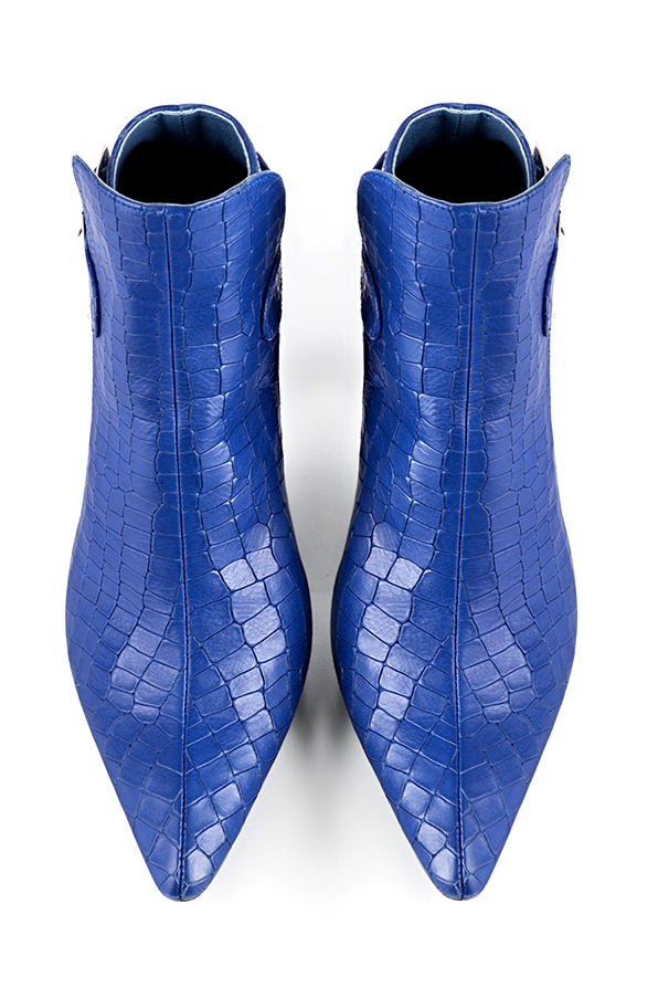 Electric blue women's ankle boots with buckles at the back. Tapered toe. Medium slim heel. Top view - Florence KOOIJMAN